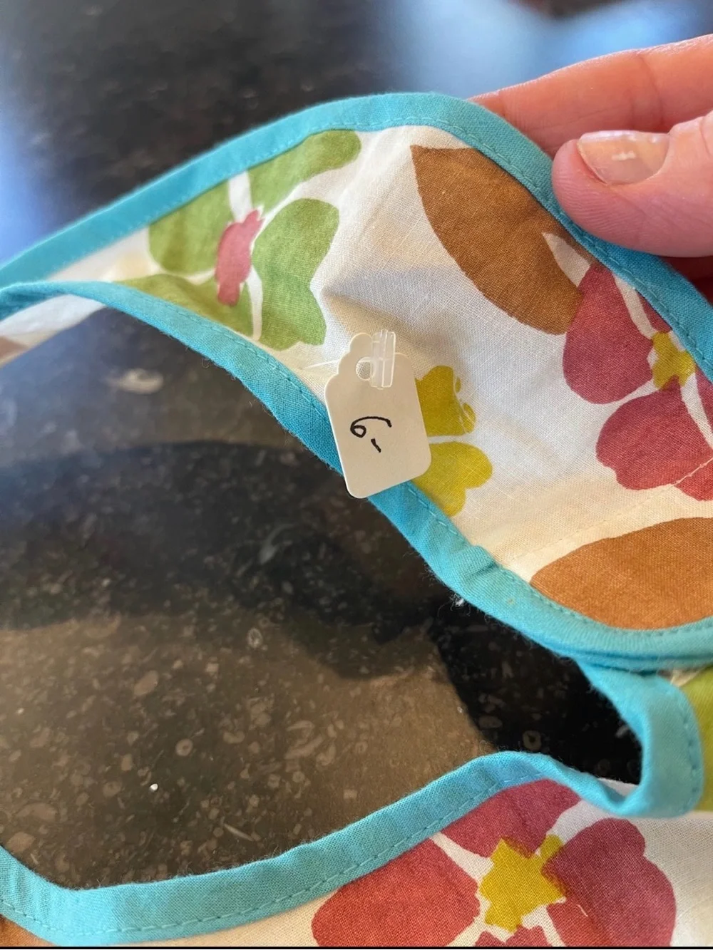 Floral Cotton Baby Bib with Turquoise Trim - Pink, Yellow & Green
